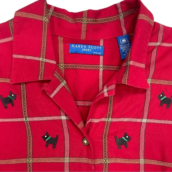 Karen Scott Sport Womens Shirt Red Checked Scottie Dog Button Down - Picture 3 of 5